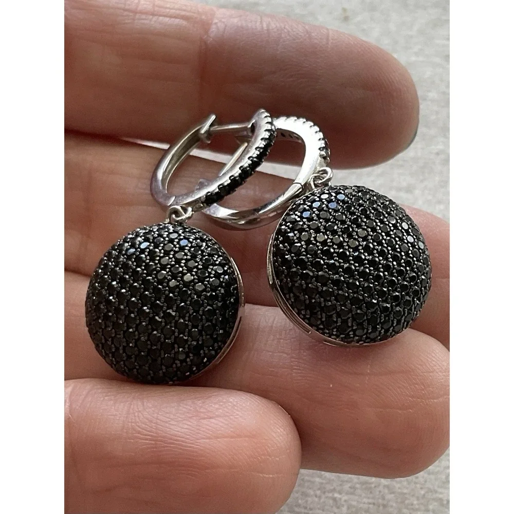 925 Sterling Silver Pave-set black spinel ball design Drop Earrings - Picture 2 of 9